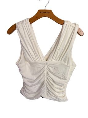 Fashion Nova Cream Ruched V‑Neck Tank Top